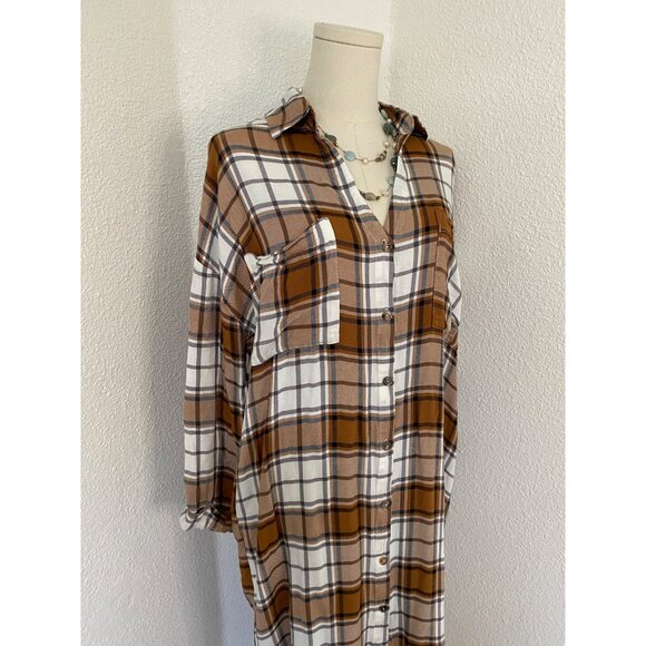 Show Me Your Mumu Leo Button Down Long Tunic Dress Size Small Tan/Blue Plaid - Picture 4 of 13